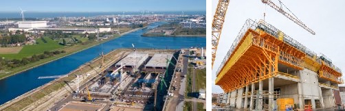 Links: Dubbele set wandbekisting in portalen en dak-/wandbekisting voor de realisatie van een afzinktunnel. Rechts: Voltunnel in combinatie met gevelsteigers.
